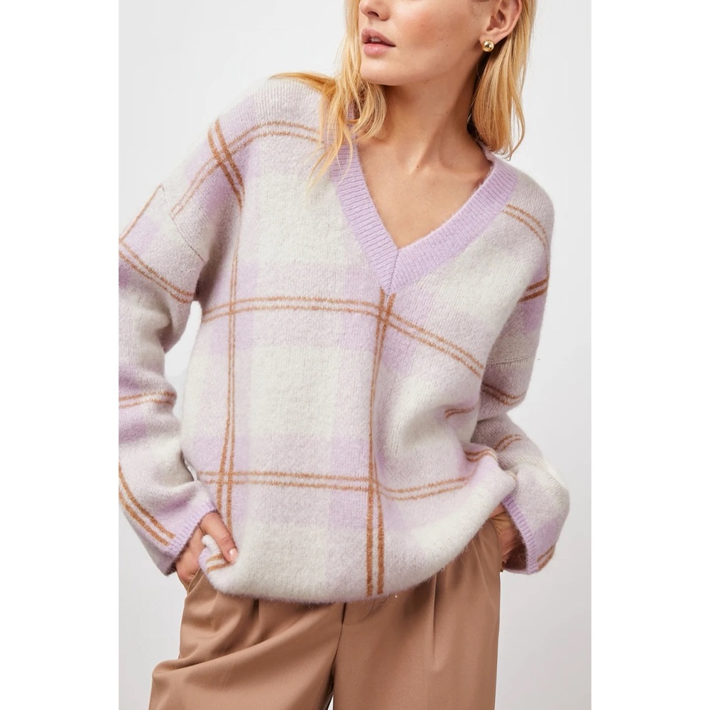 Rails Colleen Lilac Plaid v-neck soft oversized sweater size xs
